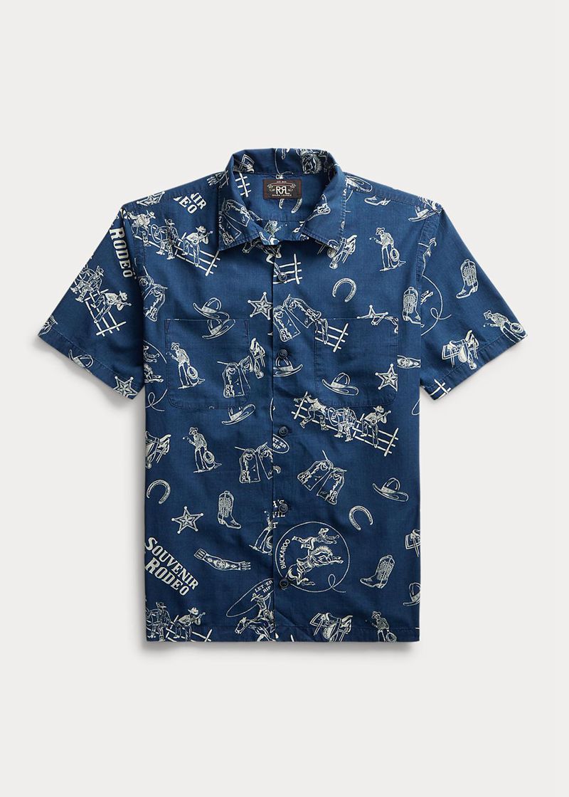 Camisas RRL Hombre Rodeo-Print Indigo Camp Chile Azules KWZSG-8250